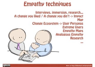 More at http://Slideshare.net/proyectalis
Empathy techniques
Interviews, immersion, research...
A change you liked / A change you din’t -> Impact
Map
Change Ecosystem -> User Personas
Extreme Users
Empathy Maps
Analogous Empathy
Research
...
 