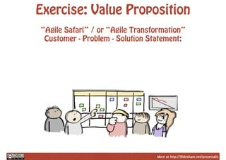 More at http://Slideshare.net/proyectalis
Exercise: Value Proposition
“Agile Safari” / or “Agile Transformation”
Customer - Problem - Solution Statement:
 