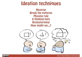 More at http://Slideshare.net/proyectalis
Ideation techniques
Reverse
Break the patterns
Missing rule
6 thinking hats
Brainstorming
How might we...?
 