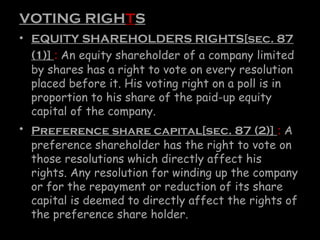 VOTING RIGHTS
• EQUITY SHAREHOLDERS RIGHTS[sec. 87
(1)] : An equity shareholder of a company limited
by shares has a right to vote on every resolution
placed before it. His voting right on a poll is in
proportion to his share of the paid-up equity
capital of the company.
• Preference share capital[sec. 87 (2)] : A
preference shareholder has the right to vote on
those resolutions which directly affect his
rights. Any resolution for winding up the company
or for the repayment or reduction of its share
capital is deemed to directly affect the rights of
the preference share holder.
 