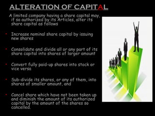 ALTERATION OF CAPITAL
A limited company having a share capital may,
if so authorized by its Articles, alter its
share capital as follows
• Increase nominal share capital by issuing
new shares
• Consolidate and divide all or any part of its
share capital into shares of larger amount
• Convert fully paid-up shares into stock or
vice versa
• Sub-divide its shares, or any of them, into
shares of smaller amount, and
• Cancel share which have not been taken up
and diminish the amount of its authorized
capital by the amount of the shares so
cancelled.
 