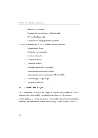 Diseño de Sistemas Productivos y Logísticos
22
• Número de referencias.
• Niveles mínimos, máximos y medios de stock.
• Disponibilidad de capital.
• Características del equipamiento disponible.
Los tipos de almacén que se van a considerar son los siguientes:
• Almacenaje en bloque
• Estanterías convencionales.
• Sistemas compactos.
• Sistemas dinámicos.
• Estanterías móviles.
• Carruseles horizontales y verticales.
• Almacenes automáticos para paletas.
• Almacenes automáticos para cajas. (MINILOADS)
• Almacenes para cargas largas.
• Almacenes especiales
3.2 ALMACENAJEEN BLOQUE
En el almacenaje en Bloque, las cargas se disponen directamente en el suelo,
apiladas, si es posible, en filas y con pasillos para el acceso independiente.
En la medida de lo posible cada fila de paletas debe contener únicamente paletas
del mismo tipo para eliminar la doble manutención y facilitar el control de stocks.
 