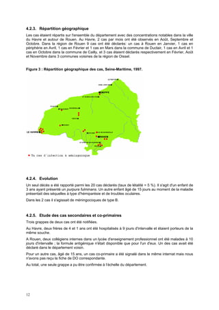 12
4.2.3. Répartition géographique
Les cas étaient répartis sur l'ensemble du département avec des concentrations notables dans la ville
du Havre et autour de Rouen. Au Havre, 2 cas par mois ont été observés en Août, Septembre et
Octobre. Dans la région de Rouen 9 cas ont été déclarés: un cas à Rouen en Janvier, 1 cas en
périphérie en Avril, 1 cas en Février et 1 cas en Mars dans la commune de Duclair, 1 cas en Avril et 1
cas en Octobre dans la commune de Cailly, et 3 cas étaient déclarés respectivement en Février, Août
et Novembre dans 3 communes voisines de la région de Oissel.
Figure 3 : Répartition géographique des cas, Seine-Maritime, 1997.
4.2.4. Evolution
Un seul décès a été rapporté parmi les 20 cas déclarés (taux de létalité = 5 %). Il s'agit d'un enfant de
3 ans ayant présenté un purpura fulminans. Un autre enfant âgé de 15 jours au moment de la maladie
présentait des séquelles à type d'hémiparésie et de troubles oculaires.
Dans les 2 cas il s'agissait de méningocoques de type B.
4.2.5. Etude des cas secondaires et co-primaires
Trois grappes de deux cas ont été notifiées.
Au Havre, deux frères de 4 et 1 ans ont été hospitalisés à 9 jours d'intervalle et étaient porteurs de la
même souche.
A Rouen, deux collégiens internes dans un lycée d'enseignement professionnel ont été malades à 10
jours d'intervalle ; la formule antigénique n'était disponible que pour l'un d'eux. Un des cas avait été
déclaré dans le département voisin.
Pour un autre cas, âgé de 15 ans, un cas co-primaire a été signalé dans le même internat mais nous
n'avons pas reçu la fiche de DO correspondante.
Au total, une seule grappe a pu être confirmée à l’échelle du département.
 