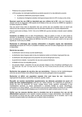 6
- Présence d'un purpura fulminans ;
- LCR évocateur de méningite bactérienne purulente associé à l’un des éléments suivants :
la présence d'éléments purpuriques cutanés,
la présence d'antigènes solubles méningococciques dans le LCR, le sang ou les urines.
Recenser aussi les cas d’IIM ne répondant pas aux critères de la DO mais pour lesquels le
clinicien est sûr du diagnostic d’IIM (auprés de la Ddass) et les cas connus du CNRM non signalés à
la Ddass (auprés du CNRM).
Ces cas seront inclus dans la description des cas comme des cas possibles mais ne seront pas
retenus lors des analyses comparatives avec les données antérieures ou d’autres départements.
Faire le point entre la Ddass, l’InVS / Cire et le CNRM afin que les données à étudier soient validées
par tous.
Construire un tableau avec la date d’hospitalisation, l’âge du patient, le sexe, le code postal du
domicile, le sérogroupe, la présence de purpura fulminans, l’évolution clinique. Ajouter une colonne
pour la présence ou non des critères de définition de la DO et une autre pour savoir si le cas a été
signalé par la DO et/ou le CNRM.
Rechercher le phénotype des souches (information à récupérer auprés des laboratoires
concernés ou auprés de l’InVS) et compléter le tableau avec les formules antigéniques des souches
si disponibles.
Décrire les cas selon :
- la distribution dans le temps (courbe épidémique),
- la distribution dans l’espace selon le lieu de résidence (carte) ou le facteur regroupant les cas,
- la distribution des sérogroupes et la proportion de cas de sérogroupe inconnu,
- la gravité de la maladie : la proportion de cas avec purpura fulminans,
- la létalité et le taux de séquelles graves,
- les groupes d’âges : proportion de cas par groupes d’âges ou taux d’incidence spécifiques pour
les moins de 1 an, de 1 à 4 ans, de 5 à 14 ans, de 15 à 19 ans et de 20 à 24 ans, et 25 ans et
plus.
Rechercher des grappes de cas et/ou des cas secondaires : l'absence de lien épidémiologique
entre les cas est en faveur de la diffusion large d'une souche pathogène dans la population.
Rechercher et définir une population exposée d’où sont issus les cas : département,
regroupement de plusieurs communes, commune, quartier, école…
Recueillir, de manière standardisée (questionnaire), les éléments permettant de savoir s’il
existe des liens épidémiologiques entre les cas, même indirects. On s’attachera en particulier à
étudier les lieux de résidence, de travail, voyage récent, école, garderie, participation à des
manifestations sportives ou autres événements à caractère familial ou social, discothèque,
participation à un sport collectif... Ces informations sont souvent disponibles à la Ddass car recueillies
au moment de l’enquête épidémiologique pour la recherche de sujets contacts autour d’un cas.
Vérifier que les mesures décrites dans la circulaire lors de la survenue d’un cas ont été
effectivement appliquées et de manière correcte (produits et doses administrés). Une situation de
cas groupés ne donne pas lieu d’aller au-delà des recommandations de la circulaire, sauf si des
mesures exceptionnelles sont décidées par la cellule d’aide à la décision.
 