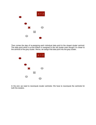 Then comes the step of re-assigning each individual data point to the closest cluster centroid.
The data point which is at the bottom is assigned to the red cluster even though it is closer to
the centroid of the grey cluster. Hence, we assign that data point into the grey cluster.
In the end, we need to recompute cluster centroids- We have to recompute the centroids for
both the clusters.
 