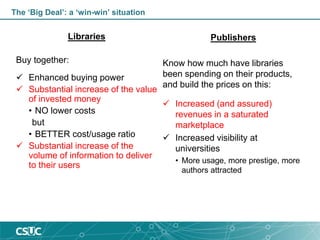 The ‘Big Deal’: a ‘win-win’ situation
Libraries
Buy together:
 Enhanced buying power
 Substantial increase of the value
...