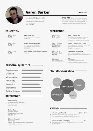 Aaron Barker IT Generalist
aaronbarker101@protonmail.ch
linkedin.com/in/aaronbarker101
920-750-3257
WHO AM I: Hard working, creative
and unique individual with a resolute
character. Possess a strong sense of
organization and am detailed oriented.
EDUCATION
2013 – 2015
FVTC
Certification
IT - Security Concentration
GPA 3.72
2009 – 2011
FVTC
Associate of Applied
ScienceIT - Programmer/Analyst
Database/PC Programming
GPA 3.68
1999 – 1999
FVTC
High School Equivalency Diploma
H.S.E.D.
2015 – 2015
Dell - AT&T
Dell Technician
2012 - Present
OfficeDepot
OfficeMax
Sales Consultant - Print
2012 – 2012
Premier Real
Estate
Seasonal Associate
2006-2009
All at Steak Inc.
Manager
EXPERIENCE
REFFERENCE
Cory Oravec
Small Business Specialist
Spectrum Reach
920-585-4691
Dylan Buss
Store Manager
OfficeDepot/OfficeMax
920-205-2574
Elizabeth Aaron
Concierge
Island Shores Retirement Community
whitedog@new.rr.com
Dean’s List Award
Multiple recipient of the Dean’s List Award
in recognition of academic achievements.
FVTC Student Spotlight
Featured student in the Fox Valley Technical College
Publication.
Organization
Oral Com
Written Com
Reliability
Creativity
Work Ethic
PERSONALQUALITIES
PROFESSIONAL SKILL
OFFICE SUITE
OPERATING
SYSTEMS
SECURITY
2010 - 2011
2011
AWARD
NETWORKS
ADOBE SUITE
Installation of company resources
at various locations. PC and
Android OS setup/troubleshooting.
Printing service skills with numerous
equipment and software.
Deadline centric work.
Ground upkeep and interior
preparation for various complexes.
Various managerial duties
covering several areas of work.
Critical Thinking
 