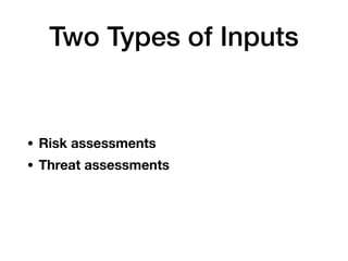 Two Types of Inputs
• Risk assessments
• Threat assessments
 