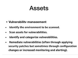 Assets
• Vulnerability management
 