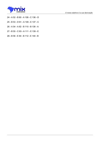 O nosso objetivo é a sua Aprovação


24 - A 52 - B 80 - A 108 - C 136 - D

25 - B 53 - D 81 - A 109 - E 137 - C

26 - A 54 - A 82 - B 110 - B 138 - A

27 - B 55 - C 83 - A 111 - E 139 - E

28 - B 56 - E 84 - B 112 - E 140 - B
 