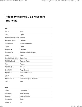 160 Keyboard Shortcuts for Adobe Photoshop CS2

1 of 6

http://www.keyxl.com/aaa40a6/221/Adobe-Photoshop-CS2-keyboard-sho...

Adobe Photoshop CS2 Keyboard
Shortcuts
File
Ctrl+N

New...

Ctrl+O

Open...

Alt+Ctrl+OShft+Ctrl+O Browse...
Alt+Shft+Ctrl+O

Open As...

Shft+Ctrl+M

Edit in ImageReady

Ctrl+W

Close

Alt+Ctrl+W

Close All

Shft+Ctrl+W

Close and Go To Bridge...

Ctrl+S

Save

Shft+Ctrl+SAlt+Ctrl+S

Save As...

Alt+Shft+Ctrl+S

Save for Web...

F12

Revert

Alt+Shft+Ctrl+I

File Info...

Shft+Ctrl+P

Page Setup...

Alt+Ctrl+P

Print with Preview...

Ctrl+P

Print...

Alt Shft Ctrl P

Print One Copy in Photoshop

Ctrl+Q

Exit

Edit
Ctrl+Z

Undo/Redo

Shft+Ctrl+Z

Step Forward

Alt+Ctrl+Z

Step Backward

Shft+Ctrl+F

Fade...

Ctrl+XF2

Cut

1/8/2014 11:34 AM

 