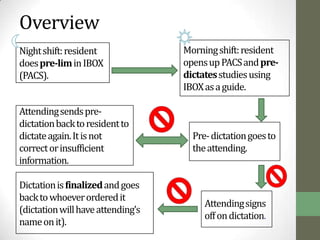 Overview
Night shift: resident              Morning shift: resident
does pre-lim in IBOX               opens up PACS and pre-
(PACS).                            dictates studies using
                                   IBOX as a guide.

Attending sends pre-
dictation back to resident to
dictate again. It is not             Pre- dictation goes to
correct or insufficient              the attending.
information.

Dictation is finalized and goes
back to whoever ordered it
                                        Attending signs
(dictation will have attending’s
                                        off on dictation.
name on it).
 