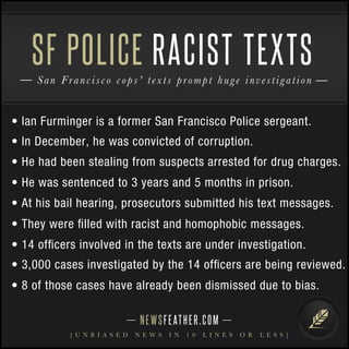 NEWSFEATHER.COM
[ U N B I A S E D N E W S I N 1 0 L I N E S O R L E S S ]
San Francisco cops’ texts prompt huge investigation
SF POLICE RACIST TEXTS
• Ian Furminger is a former San Francisco Police sergeant.
• In December, he was convicted of corruption.
• He had been stealing from suspects arrested for drug charges.
• He was sentenced to 3 years and 5 months in prison.
• At his bail hearing, prosecutors submitted his text messages.
• They were ﬁlled with racist and homophobic messages.
• 14 ofﬁcers involved in the texts are under investigation.
• 3,000 cases investigated by the 14 ofﬁcers are being reviewed.
• 8 of those cases have already been dismissed due to bias.
 