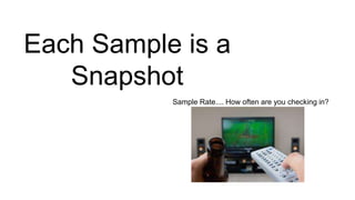 Each Sample is a
Snapshot
Sample Rate.... How often are you checking in?
 