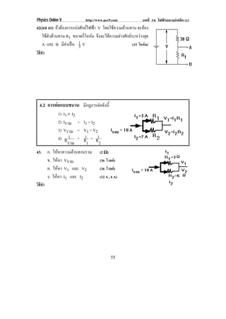 Physics Online V          http://www.pec9.com            บทที่ 16 ไฟฟาและแมเหล็ก (1)
42(มช 41) ถาตองการแบงศักยไฟฟา V โดยใชความตานทาน จะตอง
                                                        
   ใชตวตานทาน R1 ขนาดกโอหม จงจะไดความตางศกยระหวางจด
     ั                   ่ี  ึ            ั        ุ
   A และ B มีคาเปน 1 V
                       3                          (15 โอหม)
วิธทา
   ี ํ




  4.2 การตอแบบขนาน มกฏการตอดงน้ี
                   ี      ั
             1)
             I1 # I2
             2)
             Iรวม = I1 + I2
             3)
             Vรวม = V1 = V2
             4) 1      1    1
              Rรวม = R1 + R2
43. ก. ใหหาความตานทานรวม (2 ϖ)
                  
    ข. ใหหา Vรวม             (36 โวลต)
    ค. ใหหา V1 และ V2        (36 โวลต)
    ง. ใหหา I1 และ I2        (12 A , 6 A)
วิธทา
   ี ํ




                                        55
 