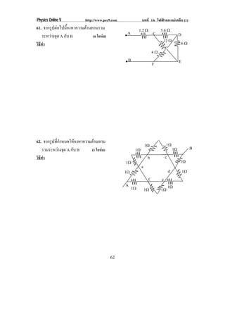 Physics Online V           http://www.pec9.com              บทที่ 16 ไฟฟาและแมเหล็ก (1)
61. จากรูปตอไปนีจงหาความตานทานรวม
                 ้                                         1.2 ♠            5.6 ♠
                                                  A                    C                     D
   ระหวางจด A กับ B
         ุ                   (6 โอหม)
                                                                             12 ♠             6♠
วิธีทํา
                                                                       4♠
                                                  B                                          E
                                                                       F




62. จากรูปทีกาหนดใหจงหาความตานทาน
            ่ํ
                                                                1♠              1♠
   รวมระหวางจด A กับ B
             ุ             (1 โอหม)                  1♠                               1♠            B
วิธีทํา                                                          b              c
                                                 1♠                                          1♠
                                                            a
                                                 1♠                                 d            1♠
                                                                   f        e
                                                 A
                                                      1♠        1♠          1♠ 1♠




                                          62
 