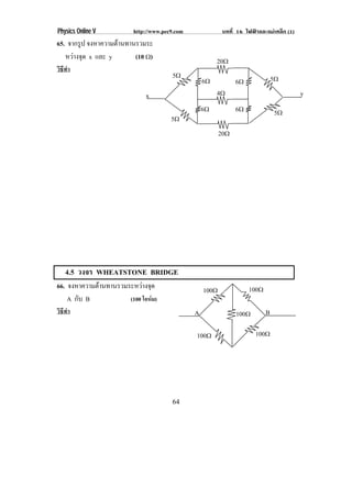 Physics Online V         http://www.pec9.com               บทที่ 16 ไฟฟาและแมเหล็ก (1)
65. จากรป จงหาความตานทานรวมระ
         ู
   หวางจุด x และ y      (10 ♠)                         20♠
วิธีทํา
                                       5♠                                       5♠
                                                   6♠           6♠
                             x                          4♠                                 y
                                                   6♠           6♠              5♠
                                       5♠
                                                          20♠




    4.5 วงจร WHEATSTONE BRIDGE
66. จงหาความตานทานรวมระหวางจด
                           ุ                     100♠              100♠
    A กับ B           (100 โอหม)
วิธีทํา                                        A                100♠        B

                                               100♠                     100♠




                                       64
 