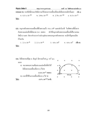 Physics Online V           http://www.pec9.com           บทที่ 16 ไฟฟาและแมเหล็ก (1)
122(มช 31) จากขอทผานมารศมความโคงของการเคลอนทของอเิ ลกตรอนมคากเ่ี มตร (ขอ ง)
                 ่ี  ั ี              ่ื ่ี       ็    ี
     ก. 8.31 x 10–55    ข. 3.94 x 10–22  ค. 2.78 x 10–10 ง. 8.13 x 10–2
วิธทา
   ี ํ



123. อนภาคดวเทอรอนเคลอนทดวยความเรว 9.6 x 106 เมตรตอวินาที ในทิศทางที่ตั้งฉาก
         ุ ิ              ่ื ่ี         ็
   กับสนามแมเหล็กที่มีขนาด 0.4 เทสลา ทาใหอนภาคดวเทอรอนเคลอนทเ่ี ปนวงกลม
                                             ํ  ุ ิ                ่ื      
   รศมี 0.5 เมตร อัตราสวนระหวางประจุตอมวลของอนุภาคดิวเทอรอน จะมคากคลอมบตอ
    ั                                                              ี  ่ี ู    
   กโลกรม
      ิ ั
       1. 2.1 x 10–8      2. 2.1 x 10–6       3. 4.8 x 105    4. 4.8 x 107 (ขอ 4)
วิธทา
   ี ํ




124. อเิ ลกตรอนทจด A ดงรป มความเรว(Vo) 107 m/s
          ็         ่ี ุ   ั ู ี     ็
   จงหา
      ก) ขนาดของความเขมสนามแมเหล็กที่ทําให
            อเิ ลกตรอนเคลอนทจาก A ไป B
                 ็       ่ื ่ี
                             (1.14 x 10–3 เทสลา)
         ข) เวลาทใชในการเคลอนทจาก A ไป B
                 ่ี       ่ื ่ี
วิธทา
   ี ํ                       (1.57 x 10–8 วินาที)




                                          89
 