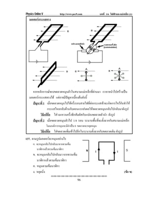 Physics Online V              http://www.pec9.com                บทที่ 16 ไฟฟาและแมเหล็ก (1)
   มอเตอรกระแสตรง




      จากหลกการณของขดลวดหมนตวในสนามแมเ หลกทผานมา เราอาจนาไปสรางเปน
            ั                  ุ ั               ็ ่ี                ํ      
   มอเตอรกระแสตรงได แตอาจมปญหาเบองตนดงน้ี
                            ี          ้ื  ั
      ปญหาที่ 1 เมื่อขดลวดหมุนไปไดครึ่งรอบสายไฟที่ตอกระแสเขาจะเกิดการไขวกันทําให
                  กระแสไหลกลับดานกับตอนแรกสงผลใหขดลวดหมุนกลับไปกลับมาดังรูป
           วิธีแกคือ ใสวงแหวนครึ่งซีกสัมผัสกับแปลงขดลวดตัวนํา ดงรป ั ู
      ปญหาที่ 2 เมอขดลวดหมนตวไป 1/4 รอบ ระนาบพื้นที่จะตั้งฉากกับสนามแมเหล็ก
                      ่ื      ุ ั
                   โมเมนตการหมุนจะมีคาเปน 0 ขดลวดจะหยุดหมุน
             วิธีแกคือ ใสขดลวดเพิ่มเขาไปอีกในระนาบตั้งฉากกับขดลวดเดิม ดงรป
                                                                          ั ู
137. ตามรปมอเตอรจะหมนอยางไร
         ู         ุ 
      ก. จะหมุนกลับไปกลับมาจากตามเข็ม
         นาฬิกาแลวทวนเข็มนาฬิกา
      ข. จะหมุนกลับไปกลับมา จากทวนเขม
                                    ็
         นาฬิกาแลวตามเข็มนาฬิกา
      ค. หมนตามเขมนาฬกา
            ุ      ็    ิ
      ง. หยดนง
           ุ ่ิ                                                                        (ขอ ข)
                      ⌫⌫⌦⌫⌦⌫⌦⌫⌦⌫⌦⌫⌦⌫⌦⌫⌦⌫⌦⌫⌦⌫⌦⌫⌦⌫⌦⌦

                                             96
 