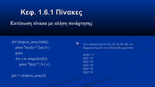 Κεφ. 1.6.1 ΠίνακεςΚεφ. 1.6.1 Πίνακες
Εκτύπωση πίνακα με κλήση συνάρτησης
def ektiposi_array(table):
print "len(b)=",len( b )
print
for x in range(len(b)):
print "b[x]=", b [ x ]
pin = ektiposi_array(b)
Αν ο πίνακας είναι b=[12, 23, 34, 45, 56], στο
διερμηνευτή μετά την εκτέλεση θα εμφανιστεί:
len(b)= 5
b[x]= 12
b[x]= 23
b[x]= 34
b[x]= 45
b[x]= 56
 