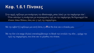 Κεφ. 1.6.1 ΠίνακεςΚεφ. 1.6.1 Πίνακες
Στην αρχή, ορίζουμε μια συνάρτηση την dhmiourgia_array (size): με την παράμετρο size΄.
Όταν καλούμε τη συνάρτηση με συγκεκριμένη τιμή για την παράμετρο, θα δημιουργεί ένα
πίνακα τόσων θέσεων, όσες και η τιμή της παραμέτρου.
Με την sqlist=[ ] ορίζουμε μια κενή λίστα, η οποία θα είναι και ο πίνακάς μας.
Με την for x in range (0,size) επαναλαμβάνουμε το block των εντολών της «for…»μέχρι την
τιμή της παραμέτρου, που είναι και το μέγεθος του πίνακα.
 