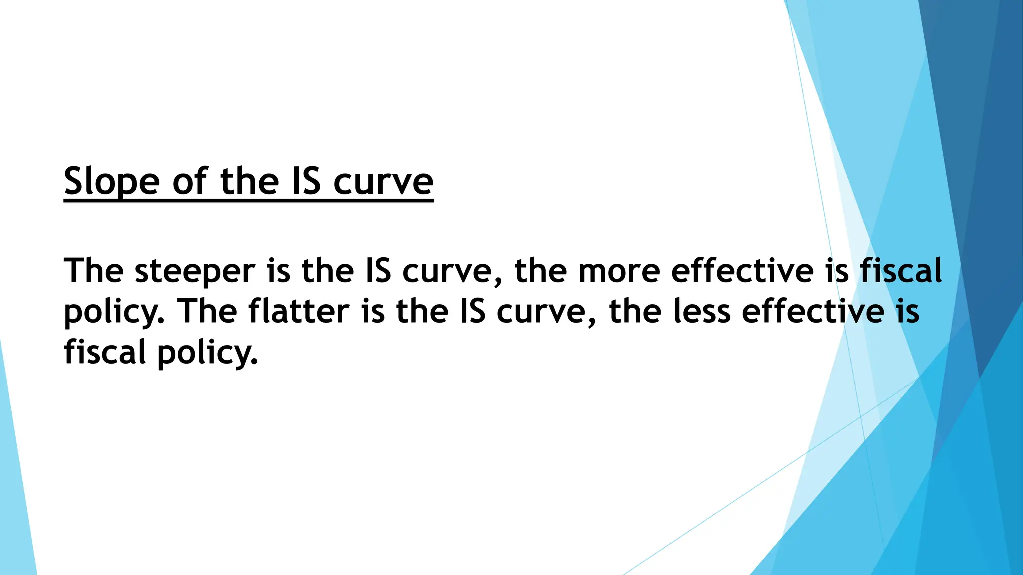 Slope of the IS curve
The steeper is the IS curve, the more effective is fiscal
policy. The flatter is the IS curve, the less effective is
fiscal policy.
 
