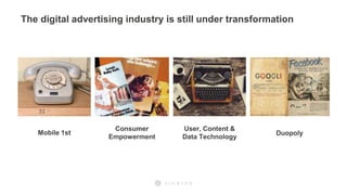 The digital advertising industry is still under transformation
Mobile 1st
Consumer
Empowerment
User, Content &
Data Technology
Duopoly
 