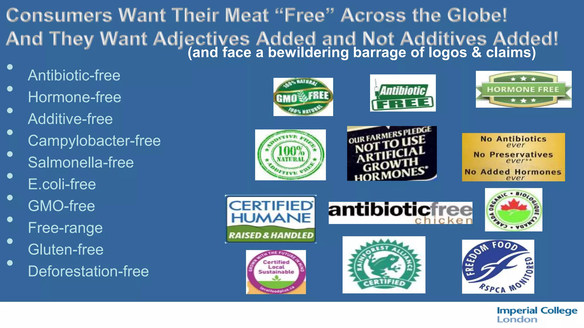 • Antibiotic-free
• Hormone-free
• Additive-free
• Campylobacter-free
• Salmonella-free
• E.coli-free
• GMO-free
• Free-range
• Gluten-free
• Deforestation-free
(and face a bewildering barrage of logos & claims)
 
