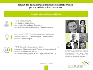Réunir des compétences directement opérationnelles
pour accélérer votre croissance
Un pôle unique de compétence
TOPS Consult réunit,
des experts sectoriels,
des professionnels du Conseil et
des spécialistes du Business Développement.
Des experts de votre secteur d’activité
et des professionnels du Business
Développement pour vous aider
concrètement à faire face au
manque de ressources internes
Le nom de TOPS Consult est construit autour des
initiales des mots : Technologie, Opérationnel,
Process et Stratégie.
TOPS Consult est spécialisée dans le
business développement France et international,
la structuration des offres,
et l’Innovation (Digital, RSE, Objet Connectés…).
TOPS Consult – 10/2016
3
 