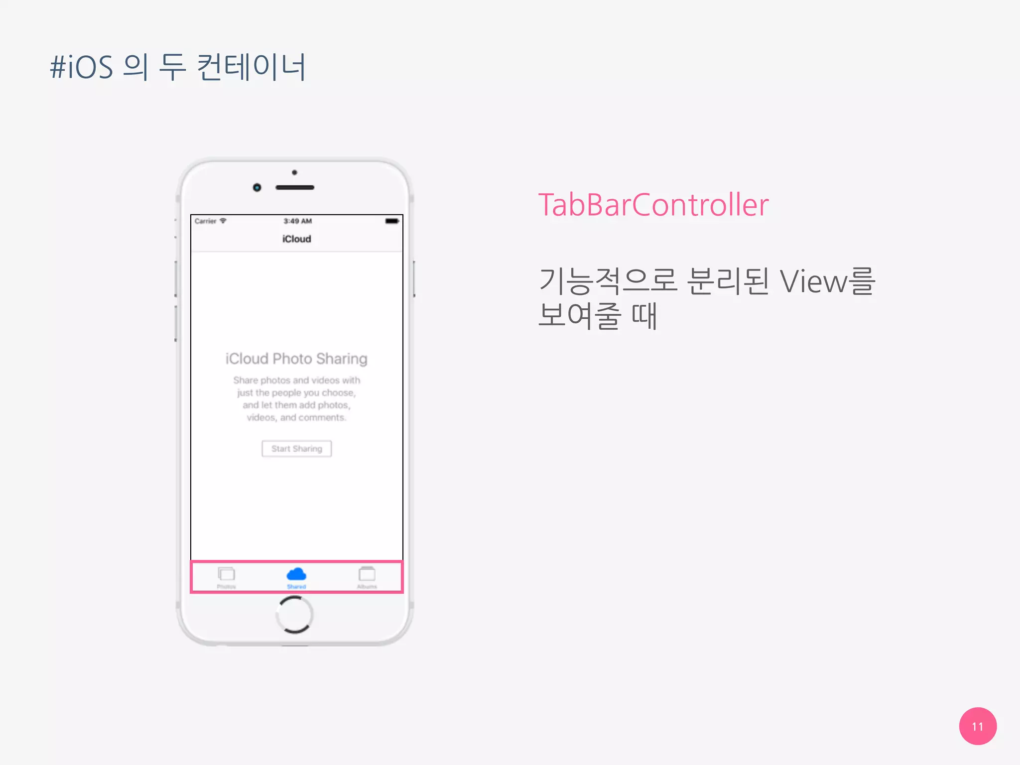 #iOS 의 두 컨테이너
11
TabBarController
기능적으로 분리된 View를 
보여줄 때
 