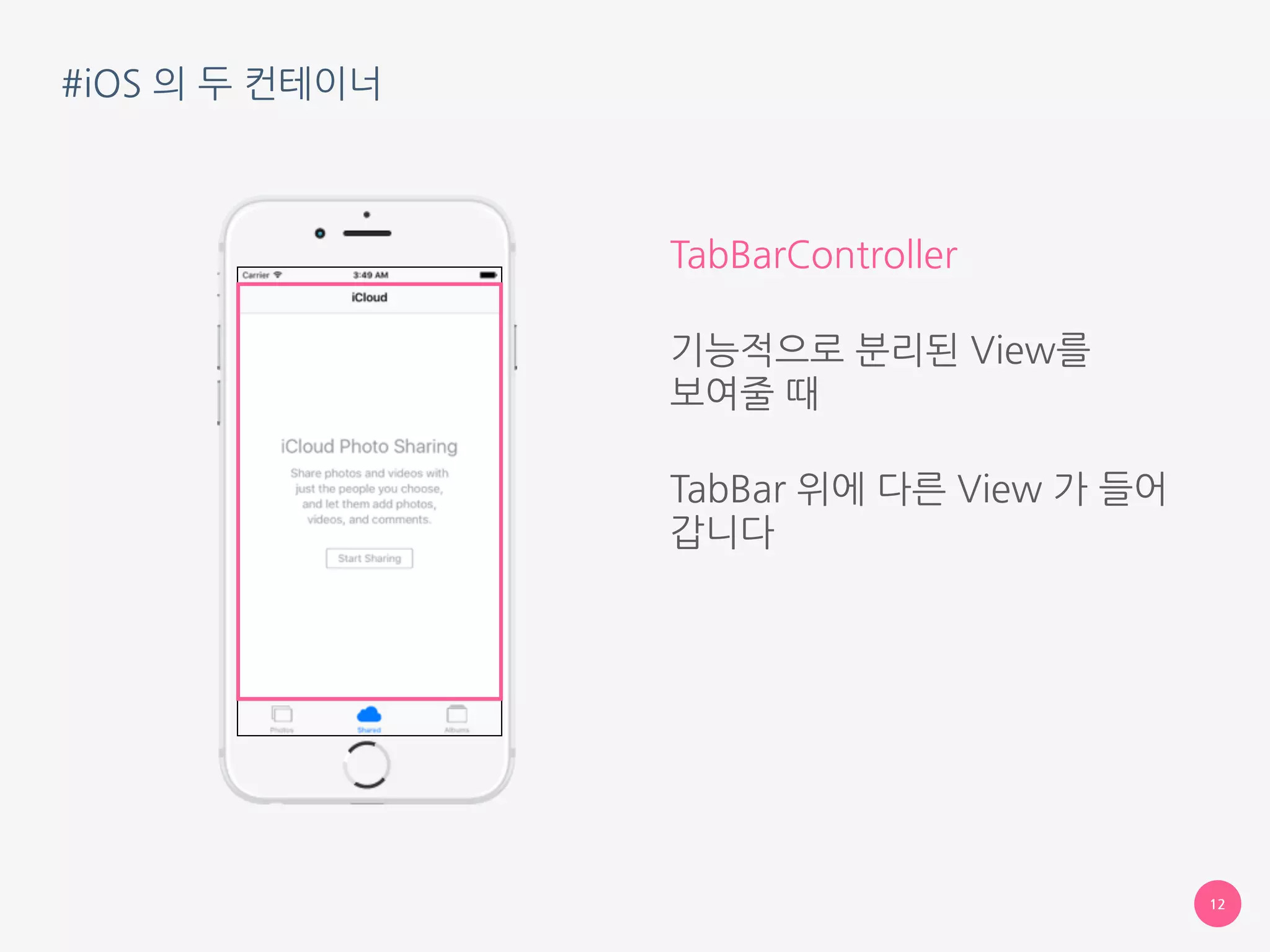 #iOS 의 두 컨테이너
12
TabBarController
기능적으로 분리된 View를 
보여줄 때
TabBar 위에 다른 View 가 들어
갑니다
 