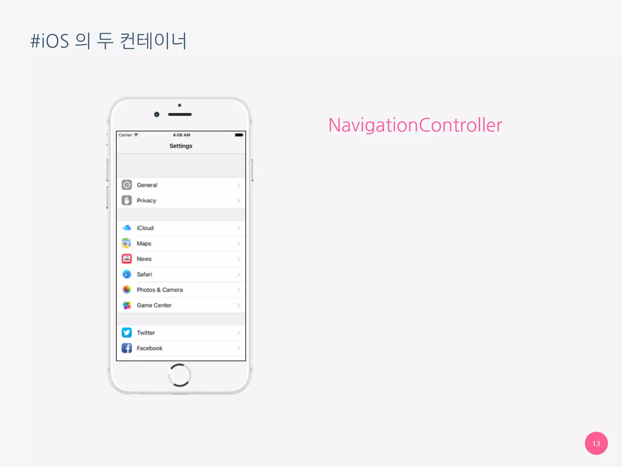 #iOS 의 두 컨테이너
13
NavigationController
 
