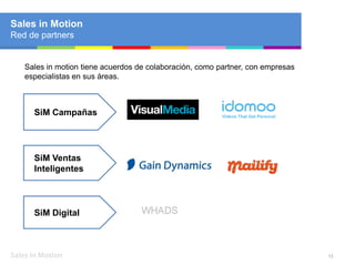 Sales in Motion 12
Sales in Motion
Red de partners
SiM Campañas
SiM Digital
SiM Ventas
Inteligentes
Sales in motion tiene acuerdos de colaboración, como partner, con empresas
especialistas en sus áreas.
 