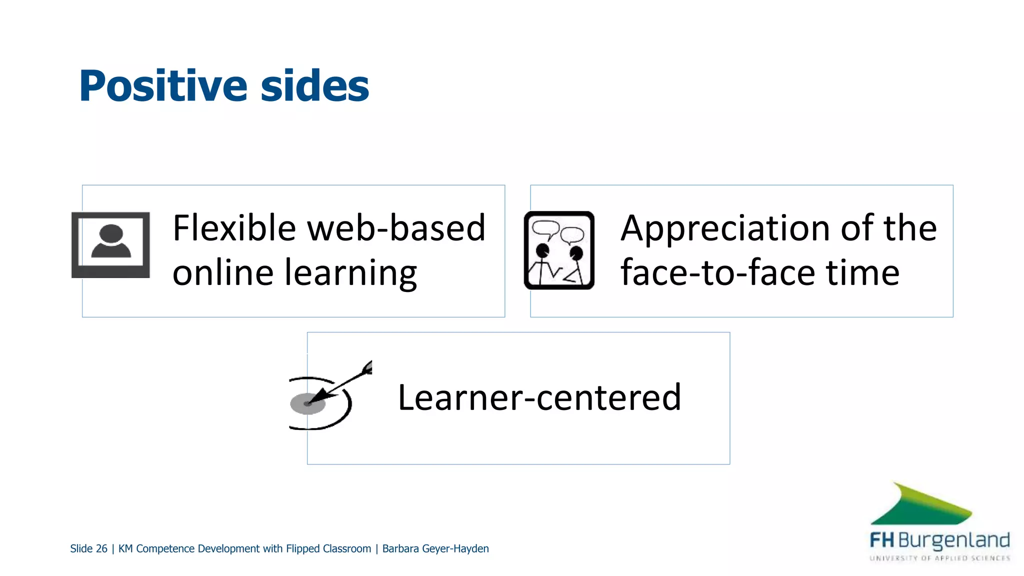 Slide 26 | KM Competence Development with Flipped Classroom | Barbara Geyer-Hayden
Positive sides
Flexible web-based
online learning
Appreciation of the
face-to-face time
Learner-centered
 