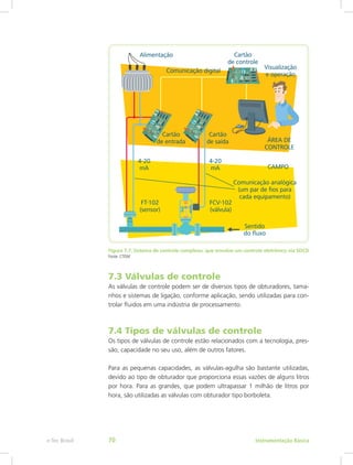 Figura 7.7: Sistema de controle complexo, que envolve um controle eletrônico via SDCD
Fonte: CTISM
7.3 Válvulas de controle
As válvulas de controle podem ser de diversos tipos de obturadores, tama-
nhos e sistemas de ligação, conforme aplicação, sendo utilizadas para con-
trolar fluidos em uma indústria de processamento.
7.4 Tipos de válvulas de controle
Os tipos de válvulas de controle estão relacionados com a tecnologia, pres-
são, capacidade no seu uso, além de outros fatores.
Para as pequenas capacidades, as válvulas-agulha são bastante utilizadas,
devido ao tipo de obturador que proporciona essas vazões de alguns litros
por hora. Para as grandes, que podem ultrapassar 1 milhão de litros por
hora, são utilizadas as válvulas com obturador tipo borboleta.
Instrumentação Básicae-Tec Brasil 70
 
