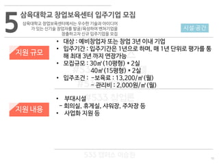 10
533 캠퍼스
#533 비즈니스 모델
#533 사업계획서
#533 창업론
533 캠퍼스 이승원
5
삼육대학교 창업보육센터 입주기업 모집
삼육대학교 창업보육센터에서는 우수한 기술과 아이디어
가 있는 신기술 창업자를 발굴/육성하여 벤처기업을
창출하고자 신규 입주기업을 모집
지원 규모
지원 내용
• 대상 : 예비창업자 또는 창업 3년 이내 기업
• 입주기간 : 입주기간은 1년으로 하며, 매 1년 단위로 평가를 통
해 최대 3년 까지 연장가능
• 모집규모 : 30㎡(10평형) * 2실
40㎡(15평형) * 2실
• 입주조건 : -보육료 : 13,200/㎡(월)
- 관리비 : 2,000원/㎡(월)
• 부대시설
- 회의실, 휴게실, 샤워장, 주차장 등
• 사업화 지원 등
시설·공간
 