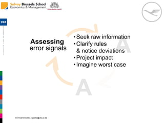 © Vincent Giolito - vgiolito@ulb.ac.be
AAssessing
error signals A
A
•Seek raw information
•Clarify rules
& notice deviations
•Project impact
•Imagine worst case
 