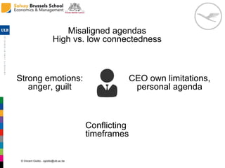 © Vincent Giolito - vgiolito@ulb.ac.be
Misaligned agendas
High vs. low connectedness
Conflicting
timeframes
Strong emotions:
anger, guilt
CEO own limitations,
personal agenda
 