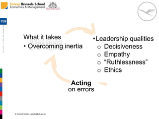© Vincent Giolito - vgiolito@ulb.ac.be
Assessing
error signals
Acknowledging
errors
•Leadership qualities
o Decisiveness
o Empathy
o “Ruthlessness”
o Ethics
Acting
on errors
What it takes
• Overcoming inertia
 