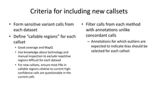 Criteria for including new callsets
• Form sensitive variant calls from
each dataset
• Define “callable regions” for each
callset
• Good coverage and MapQ
• Use knowledge about technology and
manual inspection to exclude repetitive
regions difficult for each dataset
• For new callsets, ensure most FNs in
callable regions relative to current high-
confidence calls are questionable in the
current calls
• Filter calls from each method
with annotations unlike
concordant calls
– Annotations for which outliers are
expected to indicate bias should be
selected for each callset
 