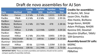 Draft de novo assemblies for AJ Son
Data Method
Contig
N50
Scaffold
N50
Number
Scaffolds
Total
Size
PacBio Falcon 5.3 Mb 5.3 Mb 13231 3.04 Gb
PacBio PBcR 4.5 Mb 4.5 Mb 12523 2.99 Gb
PacBio+
BioNano
Falcon+
BioNano 4.1 Mb 22.7 Mb 478 2.38 Gb
PacBio+
Dovetail
Falcon+
HiRise 5.3 Mb 12.9 Mb 12459 3.04 Gb
PacBio+
Dovetail
PBcR+
HiRise 4.1 Mb 20.6 Mb 10491 2.99 Gb
Illumina DISCOVAR 81 kb 149 kb 1.06M 3.13 Gb
Illumina+
Dovetail
DISCOVAR+
HiRise 85 kb 12.9 Mb 1.03M 3.15 Gb
10X Supernova 106 kb 15.2 Mb 1360 2.73 Gb
Credits for assemblies:
Ali Bashir, Mt. Sinai
Jason Chin, PacBio
Alex Hastie, BioNano
Serge Koren, NHGRI
Adam Phillippy, NHGRI
Kareina Dill, Dovetail
Noushin Ghaffari, TAMU
10X Genomics
Assembly-based SV calls:
MSPAC
Assemblytics
PBRefineIMPORTANT NOTE: These are draft assemblies and statistics should not be used to
compare quality of assembly methods.
 