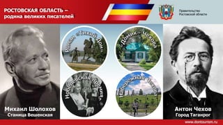 РОСТОВСКАЯ ОБЛАСТЬ –
родина великих писателей
Михаил Шолохов
Станица Вешенская
Антон Чехов
Город Таганрог
Правительство
Ростовской области
 