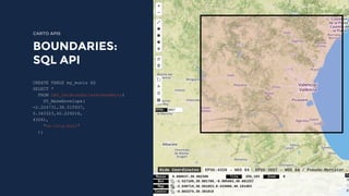 CREATE TABLE my_munis AS
SELECT *
FROM OBS_GetBoundariesByGeometry(
ST_MakeEnvelope(
-2.224731,38.515937,
0.343323,40.229218,
4326),
'es.cnig.muni'
);
CARTO APIS
BOUNDARIES:
SQL API
 