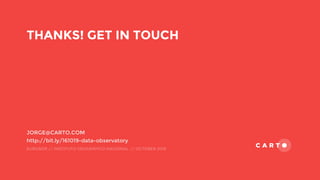 THANKS! GET IN TOUCH
JORGE@CARTO.COM
http://bit.ly/161019-data-observatory
EUROSDR // INSTITUTO GEOGRÁFICO NACIONAL // OCTOBER 2016
 