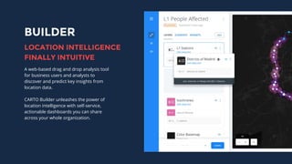 BUILDER
A web-based drag and drop analysis tool
for business users and analysts to
discover and predict key insights from
location data.
CARTO Builder unleashes the power of
location intelligence with self-service,
actionable dashboards you can share
across your whole organization.
LOCATION INTELLIGENCE
FINALLY INTUITIVE
 