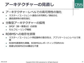 アーキテクチャーの⾒直し
l アーキテクチャーレベルでの⾼可⽤性の強化
l マスター／エージェント通信の⾮同期化／疎結合化
l 通信遮断時の耐性強化
l 分散型アーキテクチャーの採⽤
l SPOF（単⼀障害点）の排除
l セルフヒーリング機能
l RDBMSへの依存を排除
l マスター／エージェント再起動時の整合性は、アプリケーションレベルで保
障
l RDBMS障害時も稼働、RDBMSはレポーティング⽬的のみ
l ⾼価なRDBMSのHA構成も不要
472016/10/20 Copyright 2016(C) OSS Laboratories Inc. All Rights Reserved
 