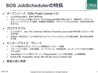 SOS JobSchedulerの特⻑
l オープンソース（GNU Public License V.2）
l Linux/Windows版は、無料で使⽤可能。
l サポートライセンスを購⼊すれば、HP-UX/Solaris/AIX版の利⽤に加えて、障害対応、バグフィッ
クス／ワークアラウンドの提供、新機能の早期提供、チケットシステム(OTRS)、JIRAの利⽤が提
供される。
l プログラマブル
l ジョブの中で、Java, Perl, JavaScript, VBScript, Powershell, javax.scriptのAPIを使ったロジックを
記述可能
l 外部API（XML形式）によりRESTまたはコマンドラインからジョブの実⾏制御、実⾏状況の取得
が可能
l エンタープライズ・グレード
l ファイル転送やログローテンション等豊富なテンプレート機能
l リモートジョブ実⾏、冗⻑化機能、ロードバランス、外部認証等、エンタープライズ向け⼤規模シ
ステム対応
l JasperReport（ジョブ実⾏レポート）やNagios/Zabbix（ジョブ実⾏監視）との連携機能
l MySQLの他、PostgreSQL, Oracle, DB2, MS SQL Server, Firebirdに対応
l 豊富な導⼊実績
2016/10/20 Copyright 2016(C) OSS Laboratories Inc. All Rights Reserved 6
 