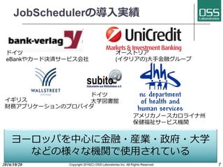 7
JobSchedulerの導⼊実績
ドイツ
eBankやカード決済サービス会社
イギリス
財務アプリケーションのプロバイダ
オーストリア
(イタリアの)⼤⼿⾦融グループ
アメリカノースカロライナ州
保健福祉サービス機関
ヨーロッパを中⼼に⾦融・産業・政府・⼤学
などの様々な機関で使⽤されている
ドイツ
⼤学図書館
2016/10/20 Copyright 2016(C) OSS Laboratories Inc. All Rights Reserved
 