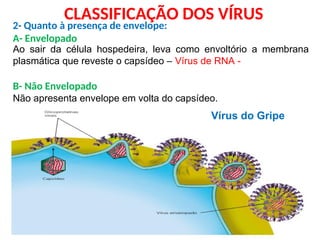 CLASSIFICAÇÃO DOS VÍRUS
Ao sair da célula hospedeira, leva como envoltório a membrana
plasmática que reveste o capsídeo – Vírus de RNA -
B- Não Envelopado
Não apresenta envelope em volta do capsídeo.
Vírus do Gripe
2- Quanto à presença de envelope:
A- Envelopado
 