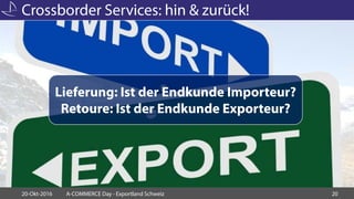Crossborder Services: hin & zurück!
20-Okt-2016 A-COMMERCE Day - Exportland Schweiz 20
Lieferung: Ist der Endkunde Importeur?
Retoure: Ist der Endkunde Exporteur?
 